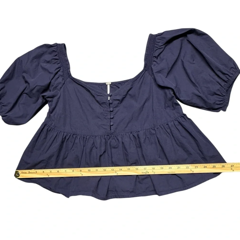 Free People Veronica Navy Blue Puff Sleeve Peplum Crop Top in Night Sky Sz Small